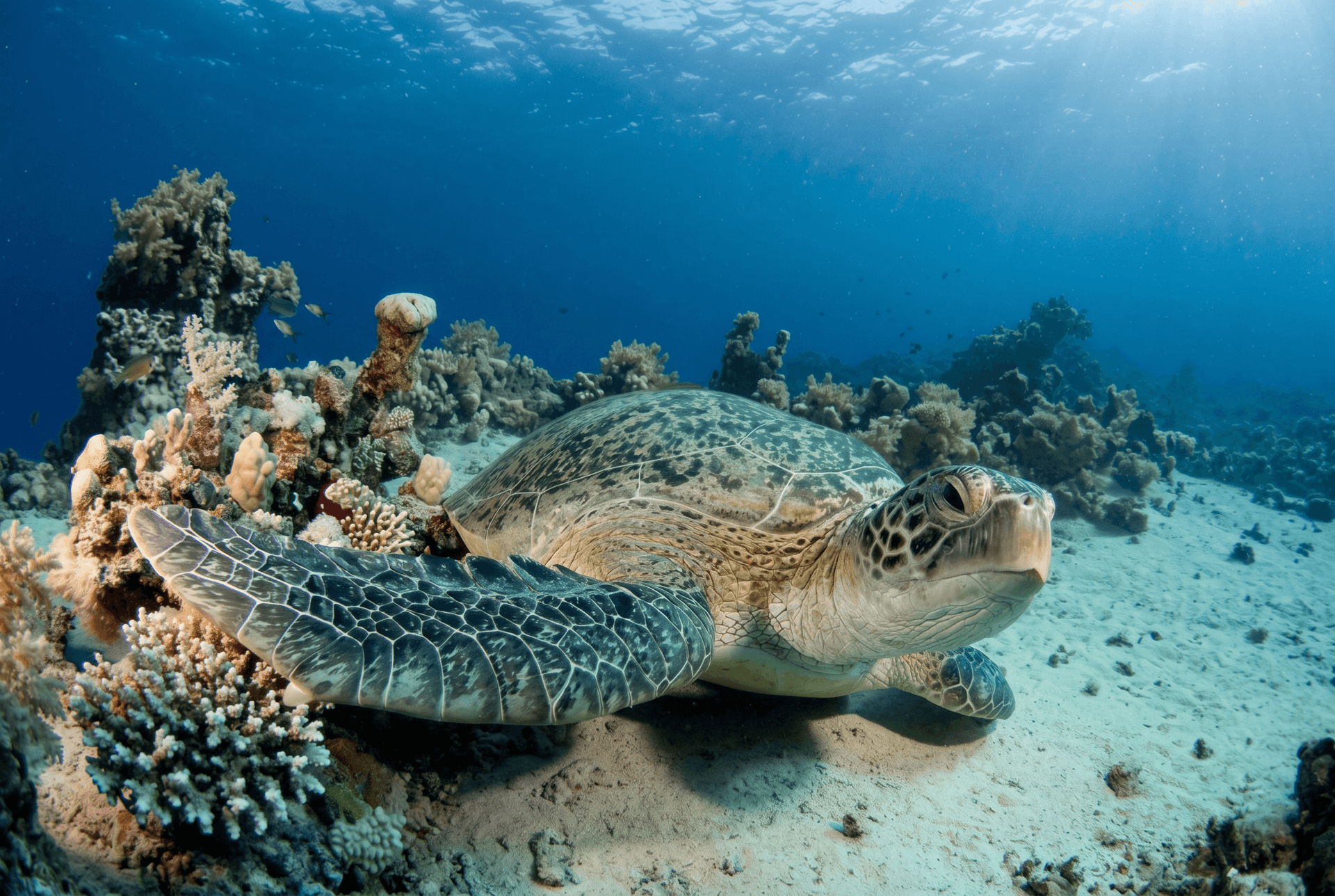 Green sea turtle resting on sandy ocean floor surrounded by various coral formations.